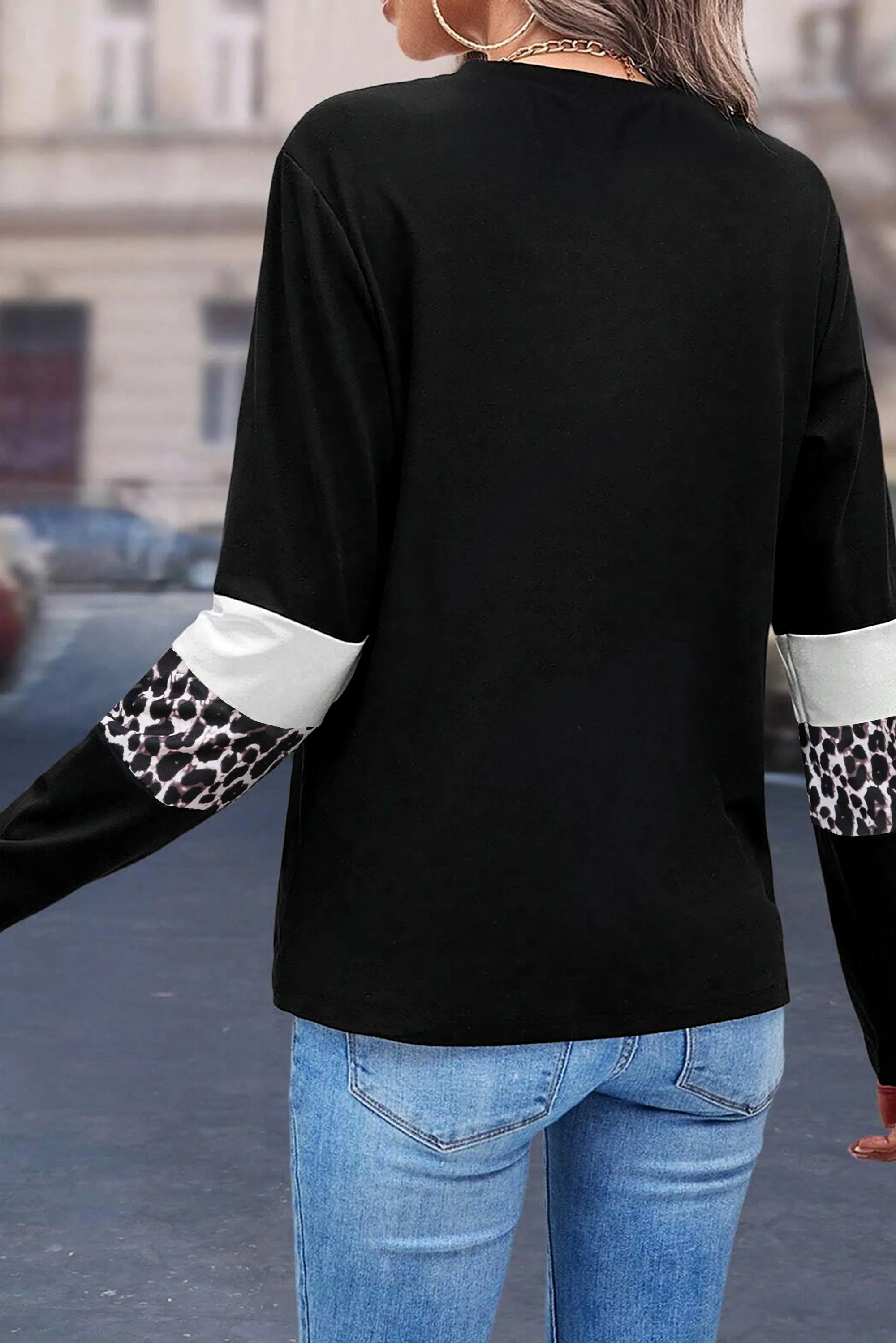 Rose Leopard Colorblock Patchwork Crew Neck Long Sleeve Tee sold by Beagle Boutique product image thumbnail 4