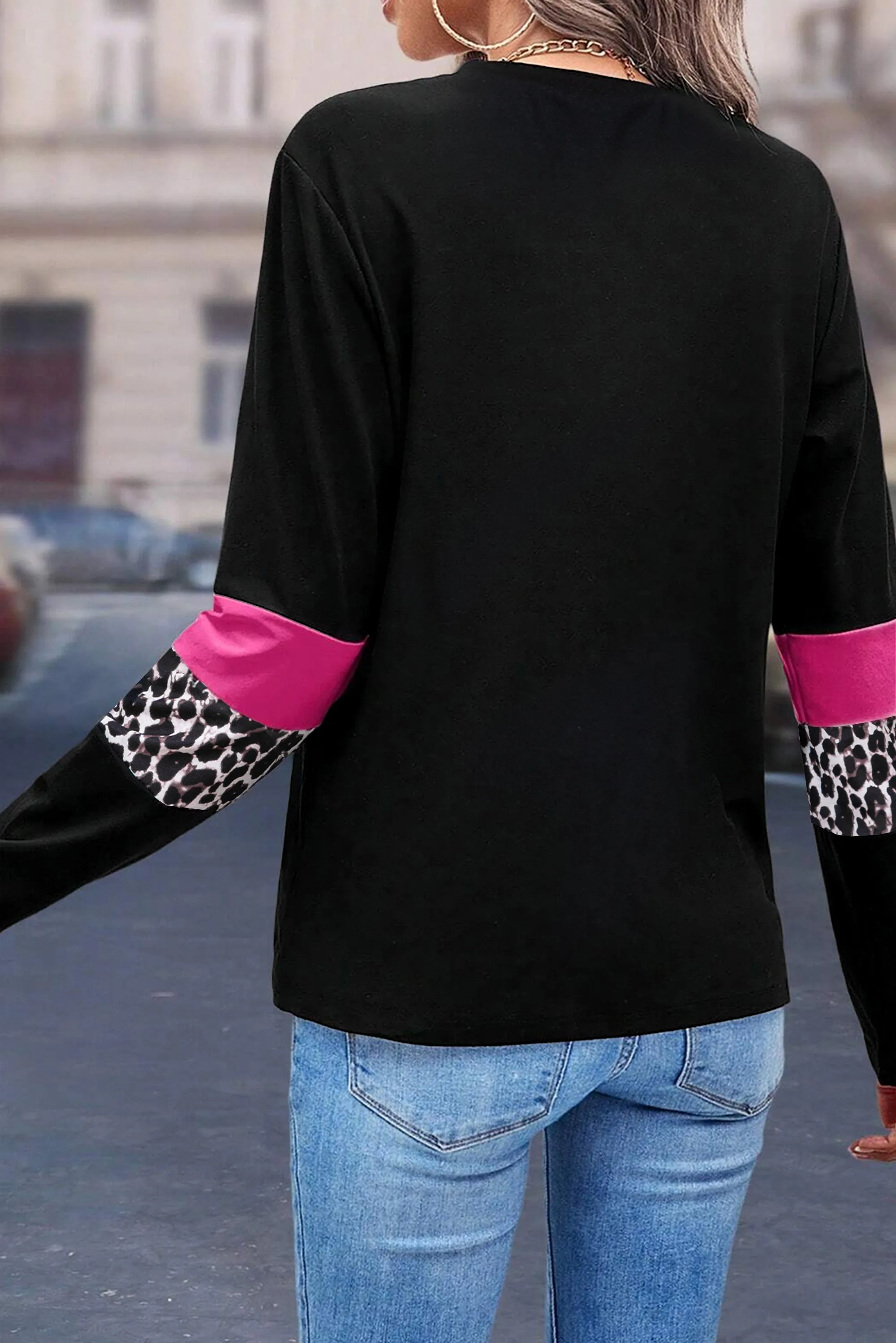 Rose Leopard Colorblock Patchwork Crew Neck Long Sleeve Tee sold by Beagle Boutique product image thumbnail 2