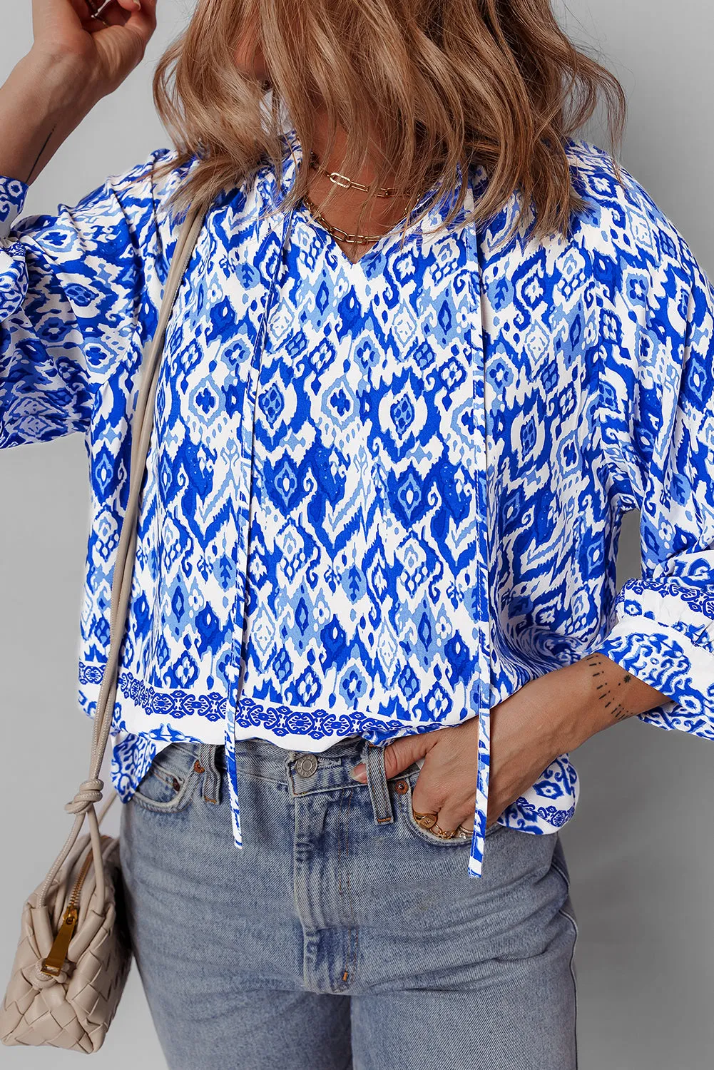 Blue Boho Printed 3/4 Sleeve Tied Neck Blouse sold by Beagle Boutique