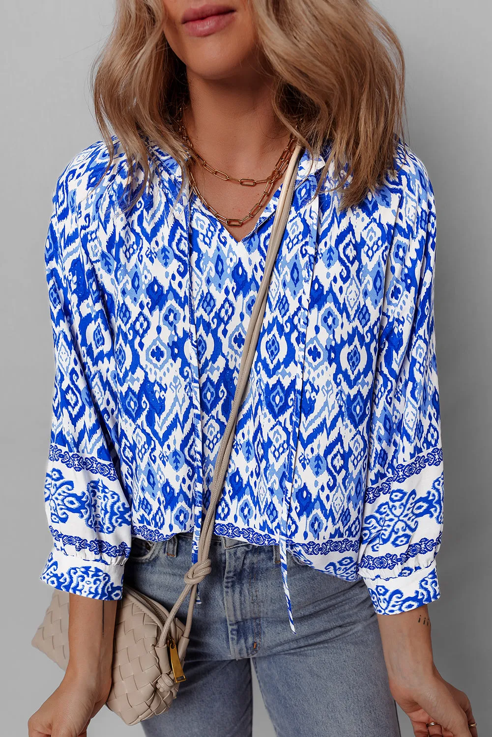 Blue Boho Printed 3/4 Sleeve Tied Neck Blouse sold by Beagle Boutique product image thumbnail 5