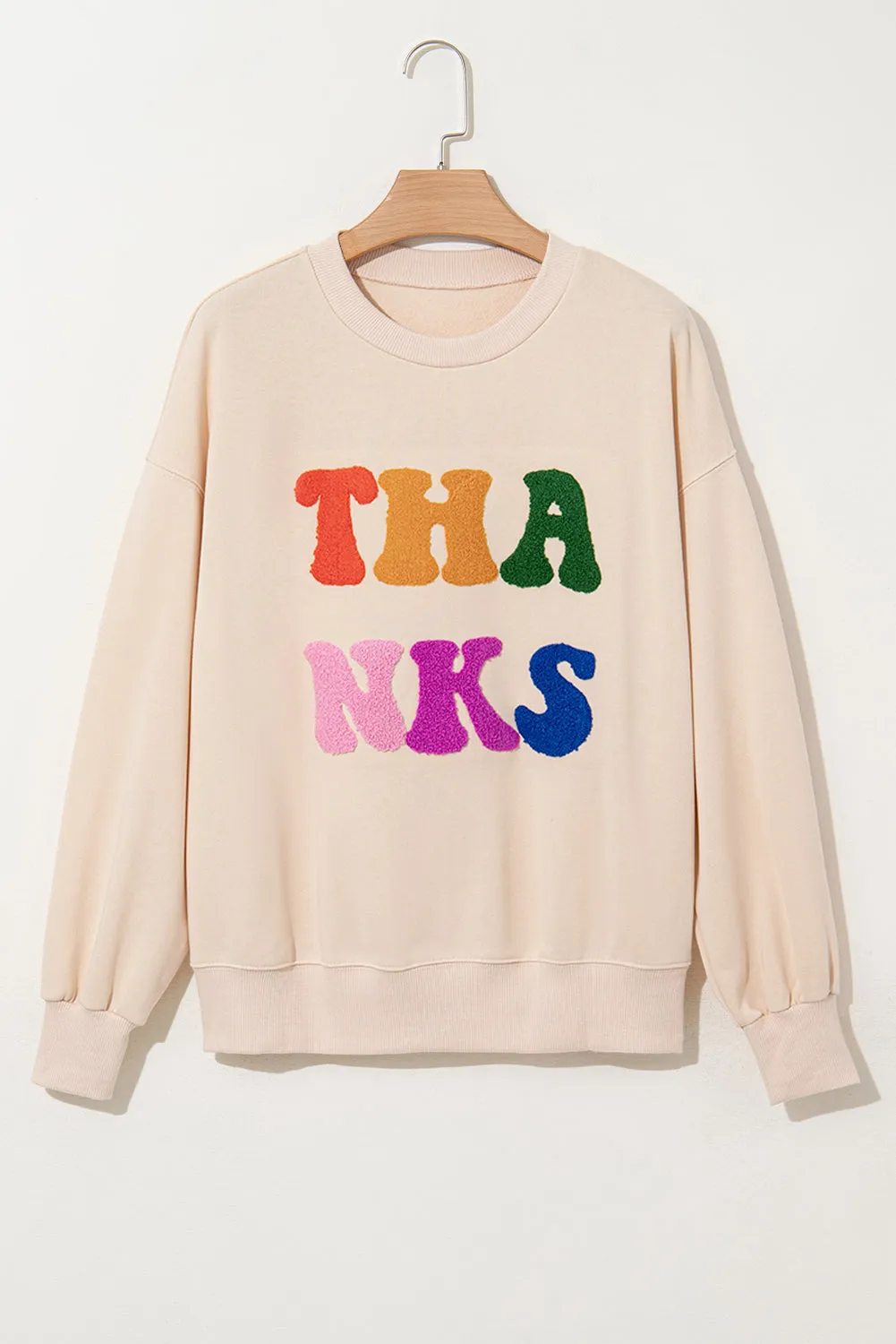 Beige THANKS Chenille Embroidered Drop Shoulder Graphic Sweatshirt sold by Beagle Boutique product image thumbnail 4