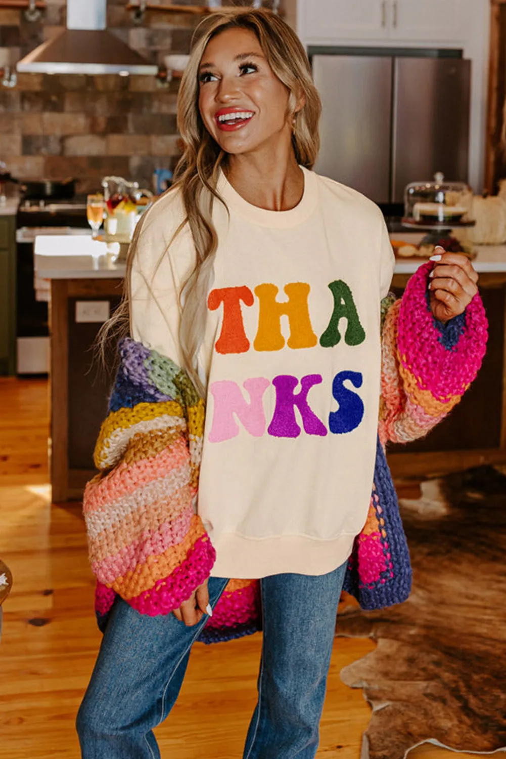 Beige THANKS Chenille Embroidered Drop Shoulder Graphic Sweatshirt sold by Beagle Boutique product image thumbnail 3