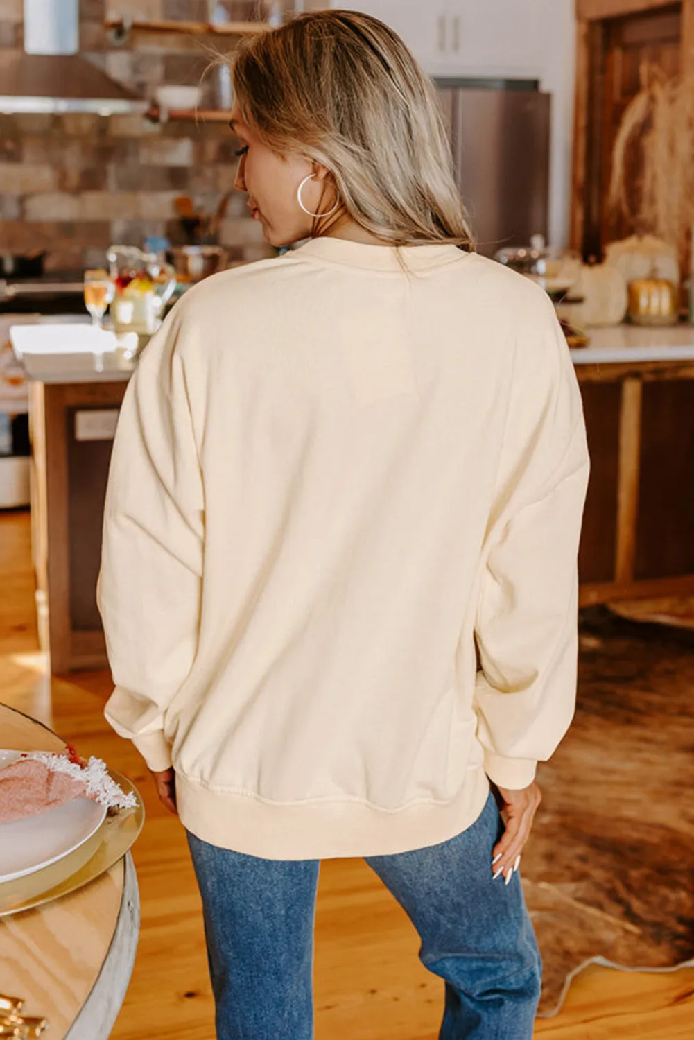 Beige THANKS Chenille Embroidered Drop Shoulder Graphic Sweatshirt sold by Beagle Boutique product image thumbnail 2