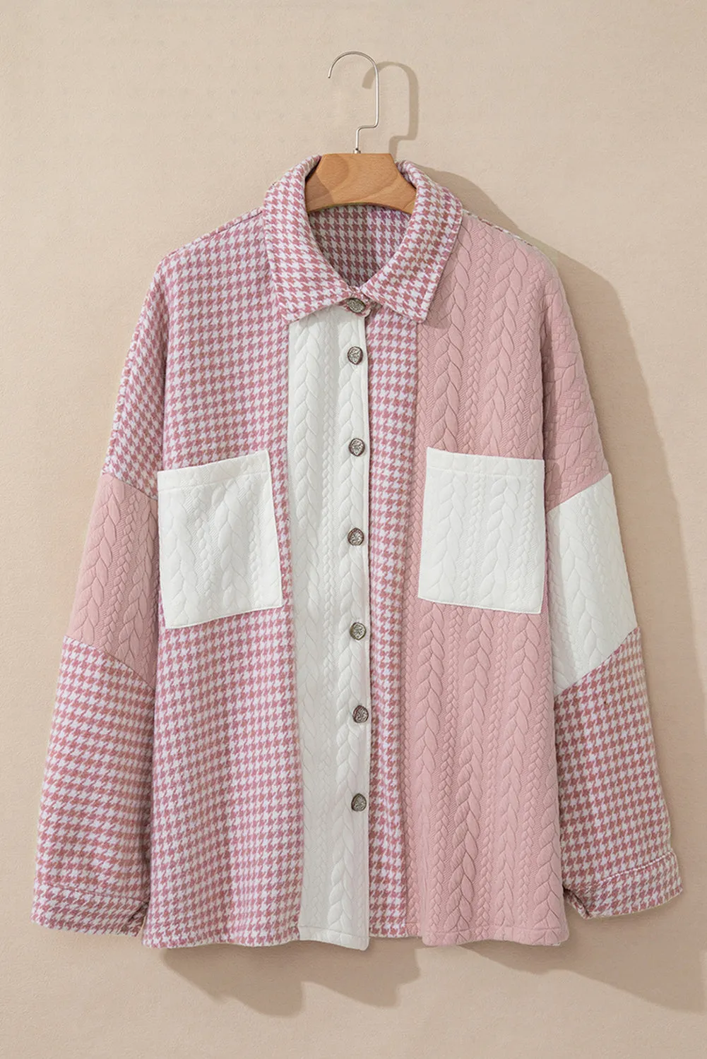 Pink Houndstooth Colour Contrast Textured Patchwork Loose Shacket sold by Beagle Boutique