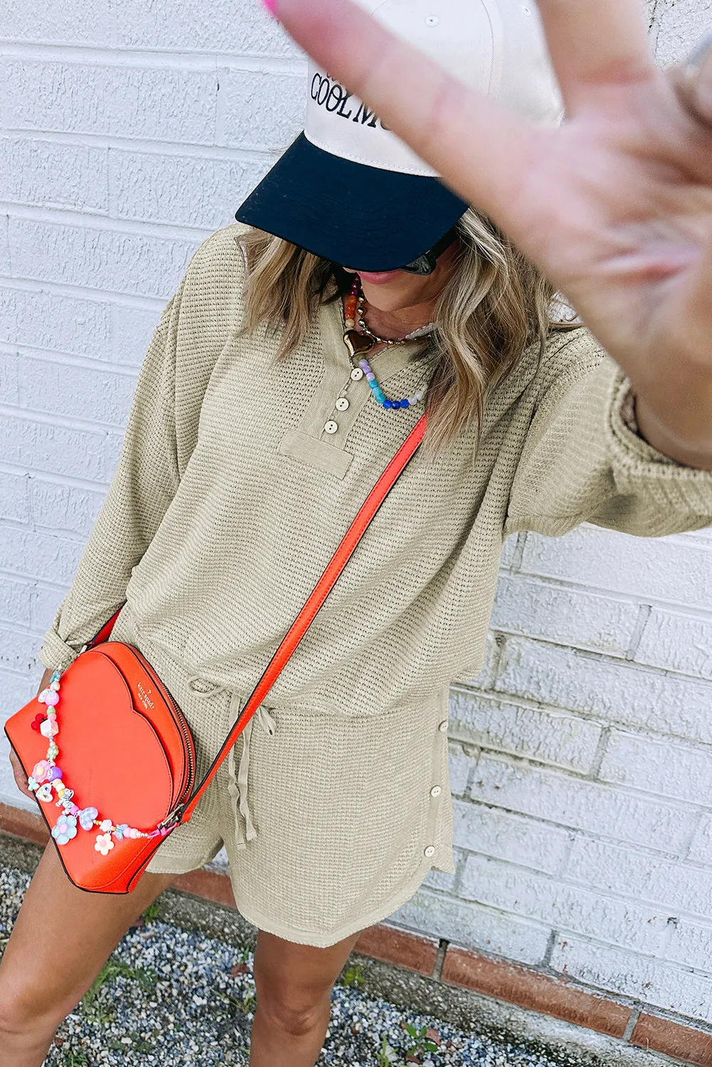 Parchment Textured Buttoned Long Sleeve Top 2 Piece Shorts Set sold by Beagle Boutique product image thumbnail 3