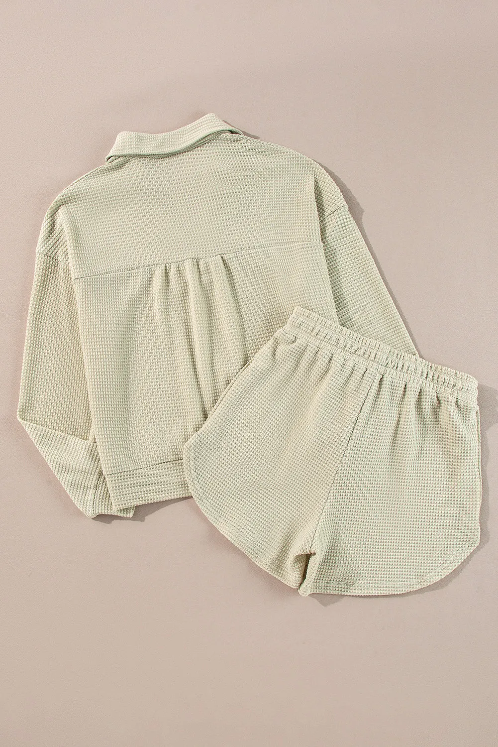 Parchment Textured Buttoned Long Sleeve Top 2 Piece Shorts Set sold by Beagle Boutique product image thumbnail 5