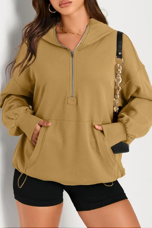 Brown Solid Kangaroo Pocket Half Zipper Oversized Hoodie sold by Beagle Boutique