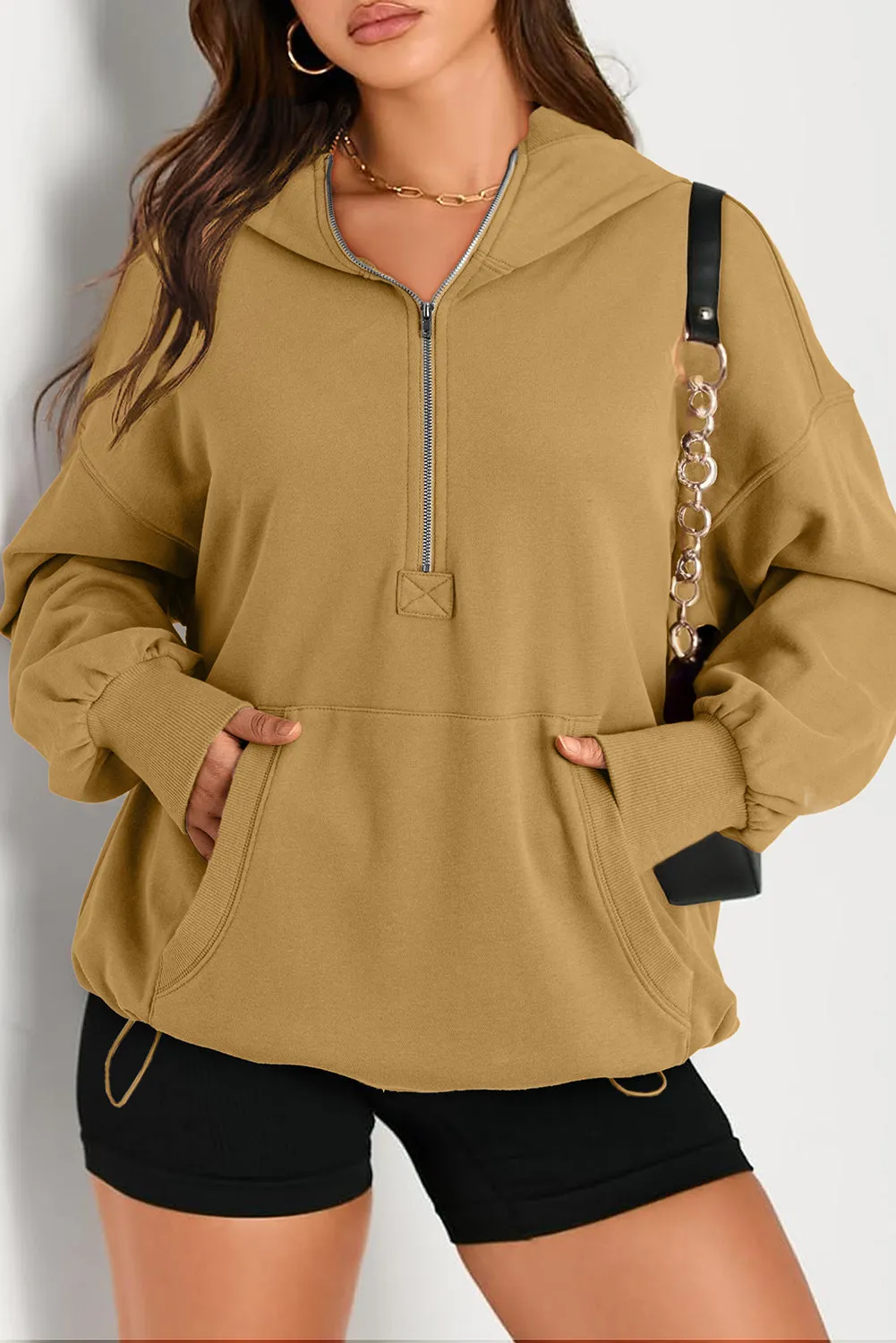 Brown Solid Kangaroo Pocket Half Zipper Oversized Hoodie sold by Beagle Boutique