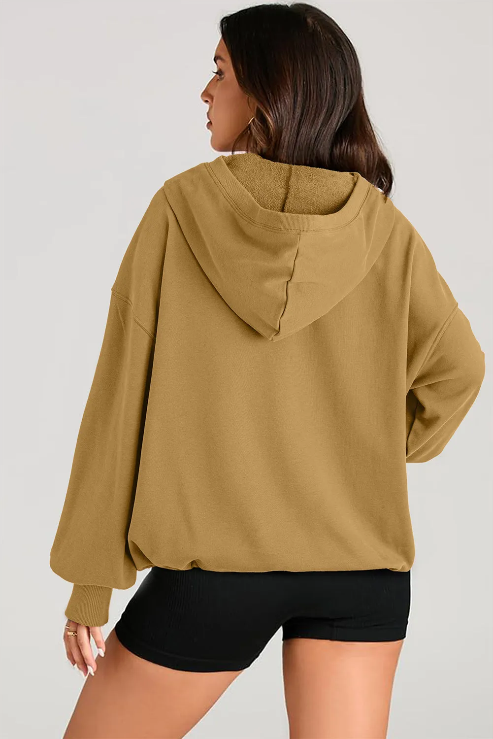 Brown Solid Kangaroo Pocket Half Zipper Oversized Hoodie sold by Beagle Boutique product image thumbnail 3