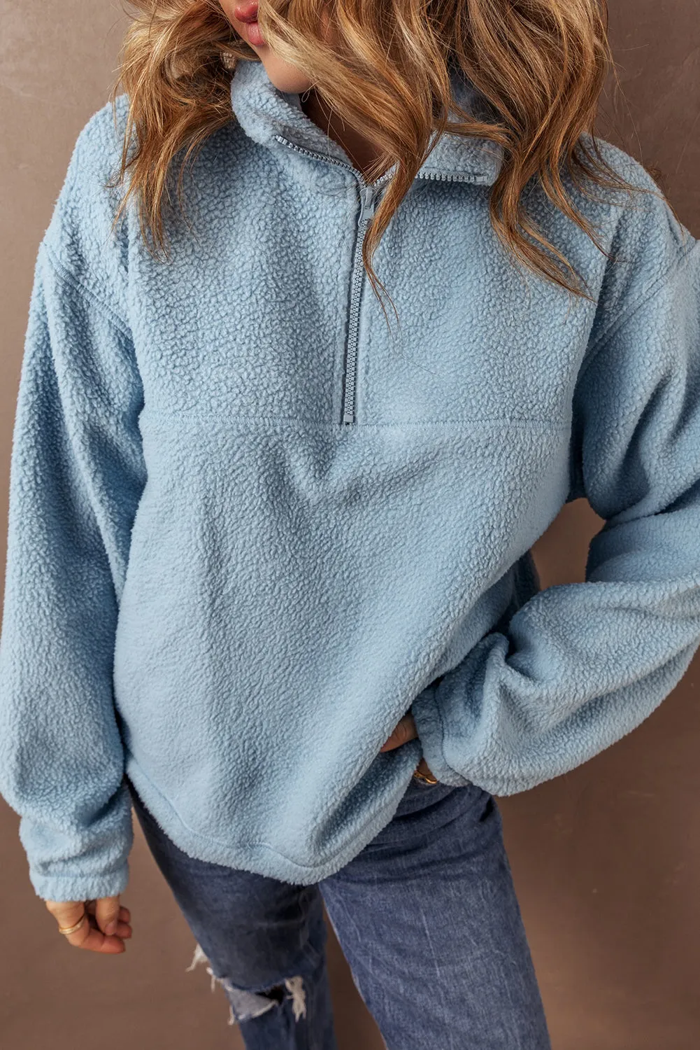 Myosotis Collared Zipper Drop Shoulder Fleece Sweatshirt sold by Beagle Boutique