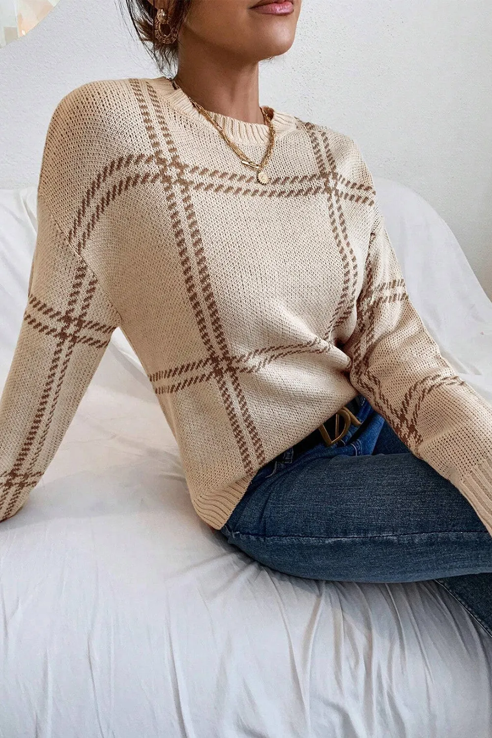 Khaki Plaid Pattern Knitted Drop Shoulder Sweater sold by Beagle Boutique product image thumbnail 3