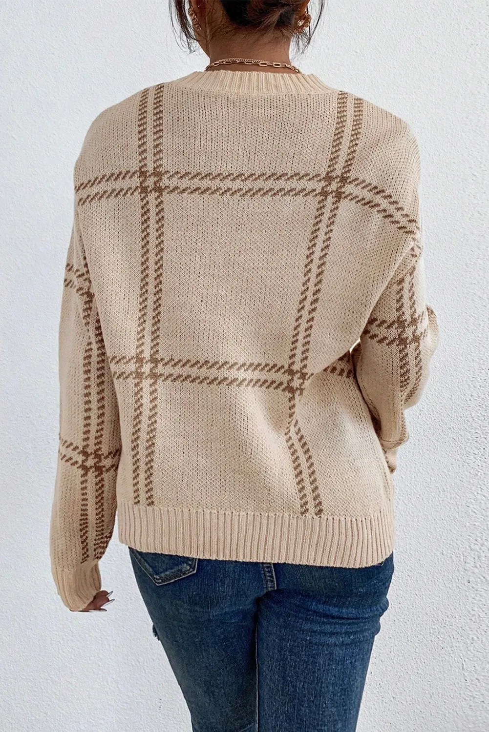 Khaki Plaid Pattern Knitted Drop Shoulder Sweater sold by Beagle Boutique product image thumbnail 2