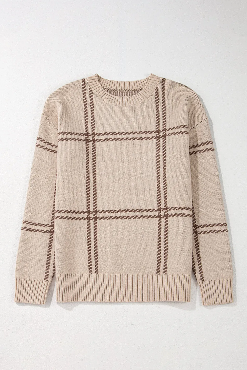 Khaki Plaid Pattern Knitted Drop Shoulder Sweater sold by Beagle Boutique product image thumbnail 4