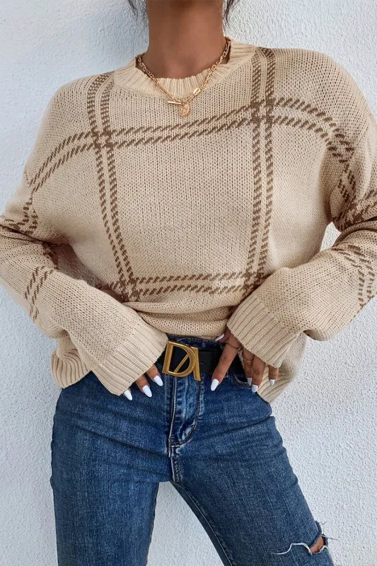 Khaki Plaid Pattern Knitted Drop Shoulder Sweater sold by Beagle Boutique