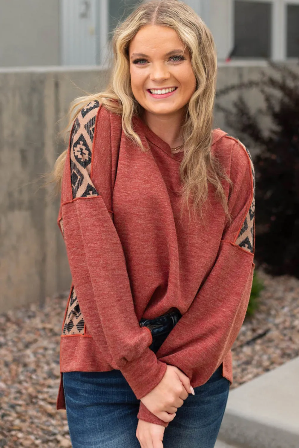 Redwood Burl Aztec Patchwork Drop Shoulder Plus Size High Low Sweatshirt sold by Beagle Boutique product image thumbnail 3