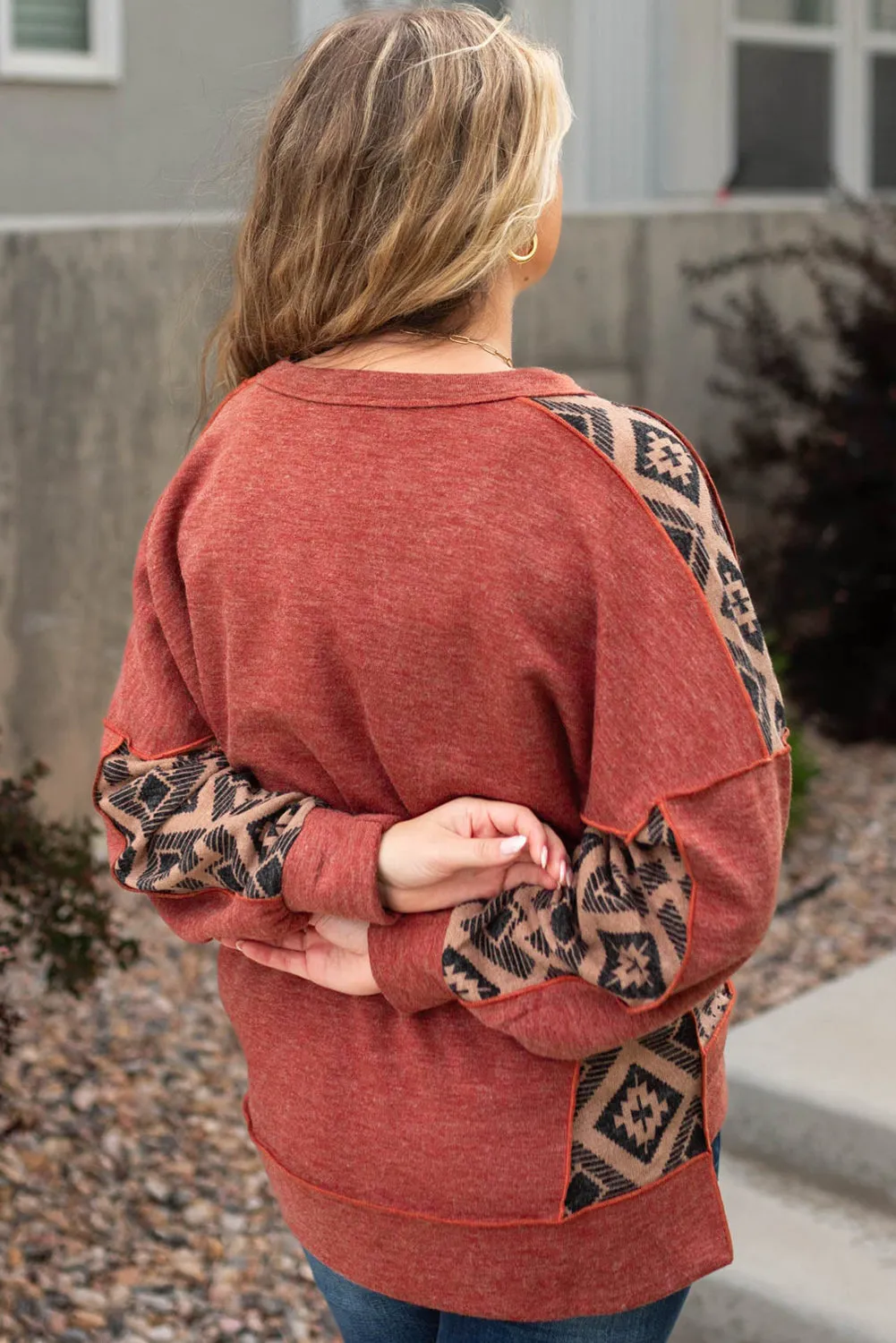 Redwood Burl Aztec Patchwork Drop Shoulder Plus Size High Low Sweatshirt sold by Beagle Boutique product image thumbnail 2