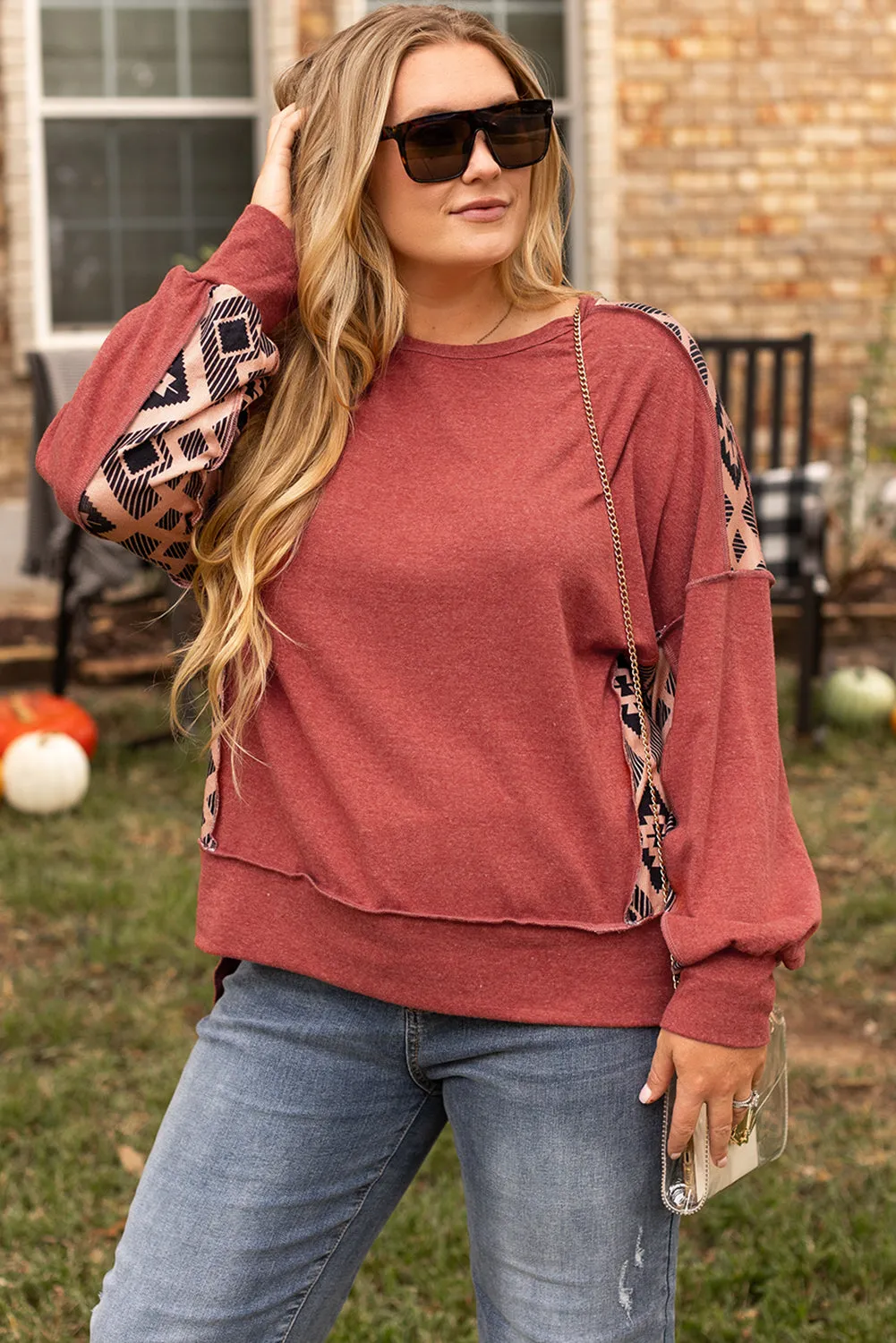 Redwood Burl Aztec Patchwork Drop Shoulder Plus Size High Low Sweatshirt sold by Beagle Boutique product image thumbnail 4