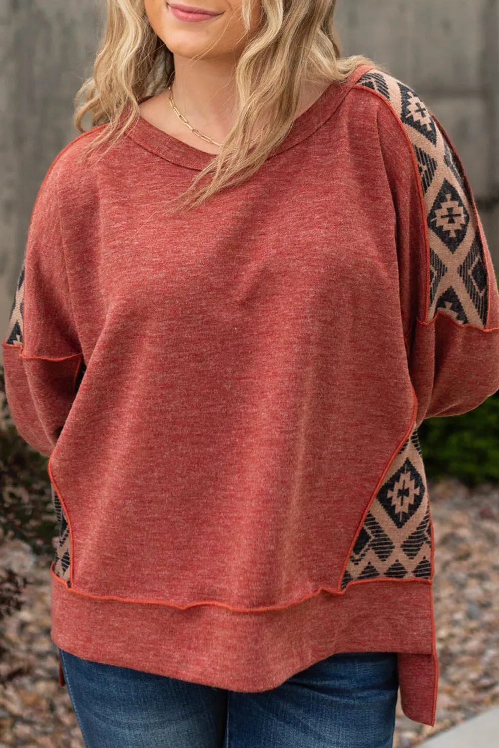 Redwood Burl Aztec Patchwork Drop Shoulder Plus Size High Low Sweatshirt sold by Beagle Boutique
