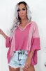 Bright Pink Textured Colourblock 3/4 Sleeve Oversize Top sold by Beagle Boutique