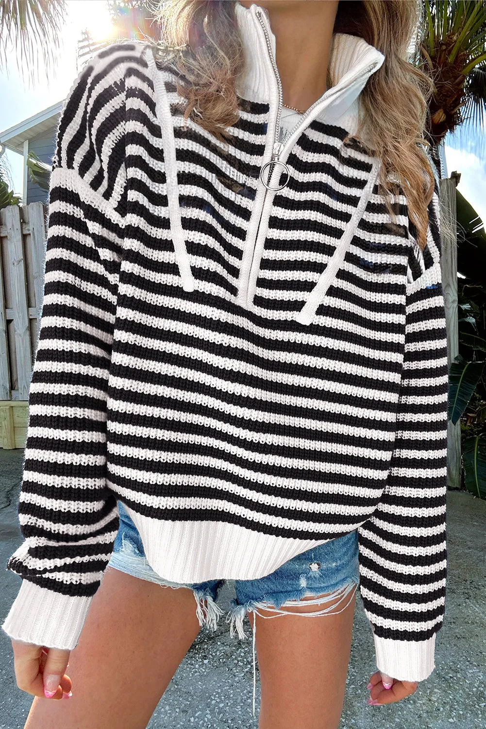 Black Stripe Zip up Collar Drop Shoulder Sweater sold by Beagle Boutique