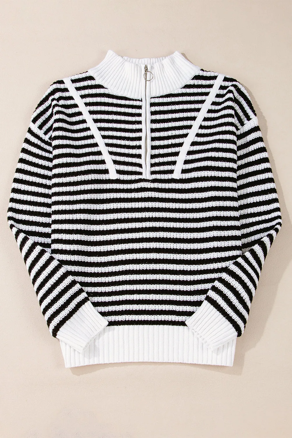 Black Stripe Zip up Collar Drop Shoulder Sweater sold by Beagle Boutique product image thumbnail 3