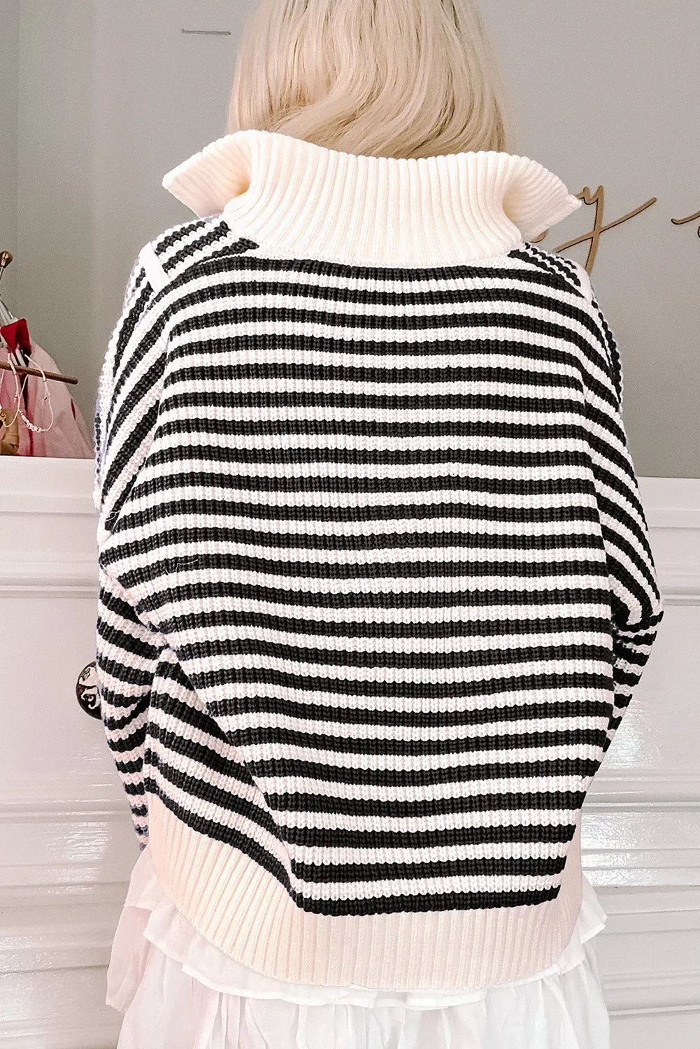 Black Stripe Zip up Collar Drop Shoulder Sweater sold by Beagle Boutique product image thumbnail 2