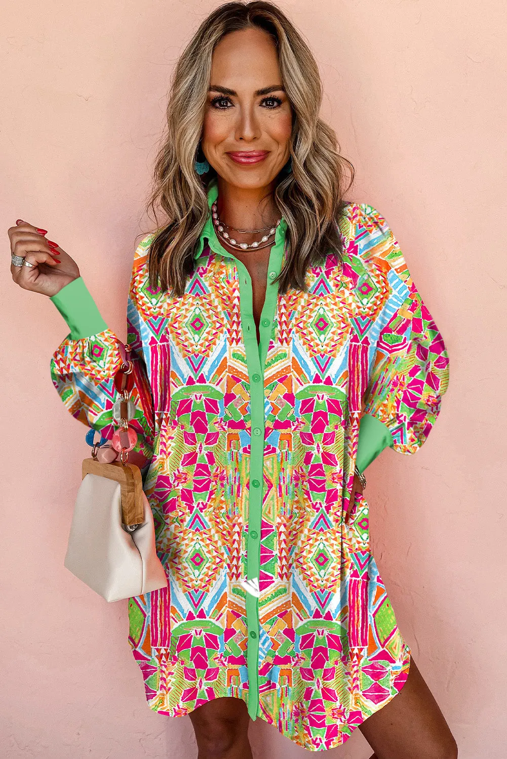 Orange Western Geometric Print Cuffed Shift Shirt Dress sold by Beagle Boutique product image thumbnail 3