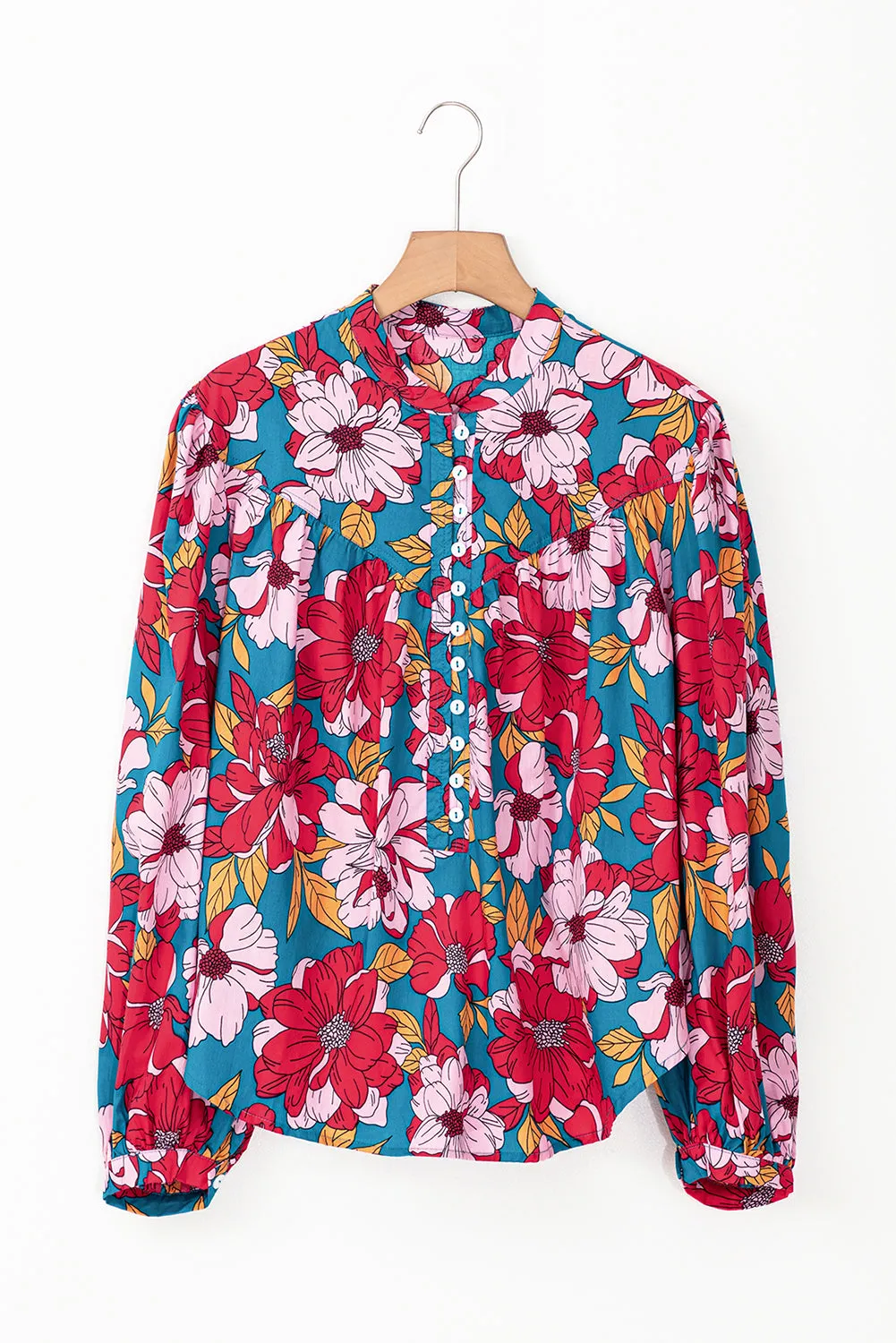 Red Floral Printed Balloon Sleeve Half Buttons Blouse sold by Beagle Boutique