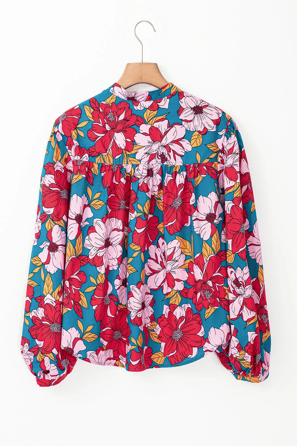 Red Floral Printed Balloon Sleeve Half Buttons Blouse sold by Beagle Boutique product image thumbnail 2