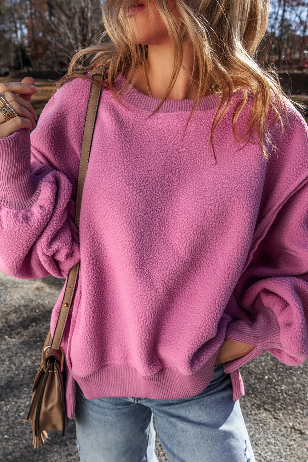 Bright Pink Sherpa Seamed Drop Shoulder Oversized Sweatshirt sold by Beagle Boutique product image thumbnail 3