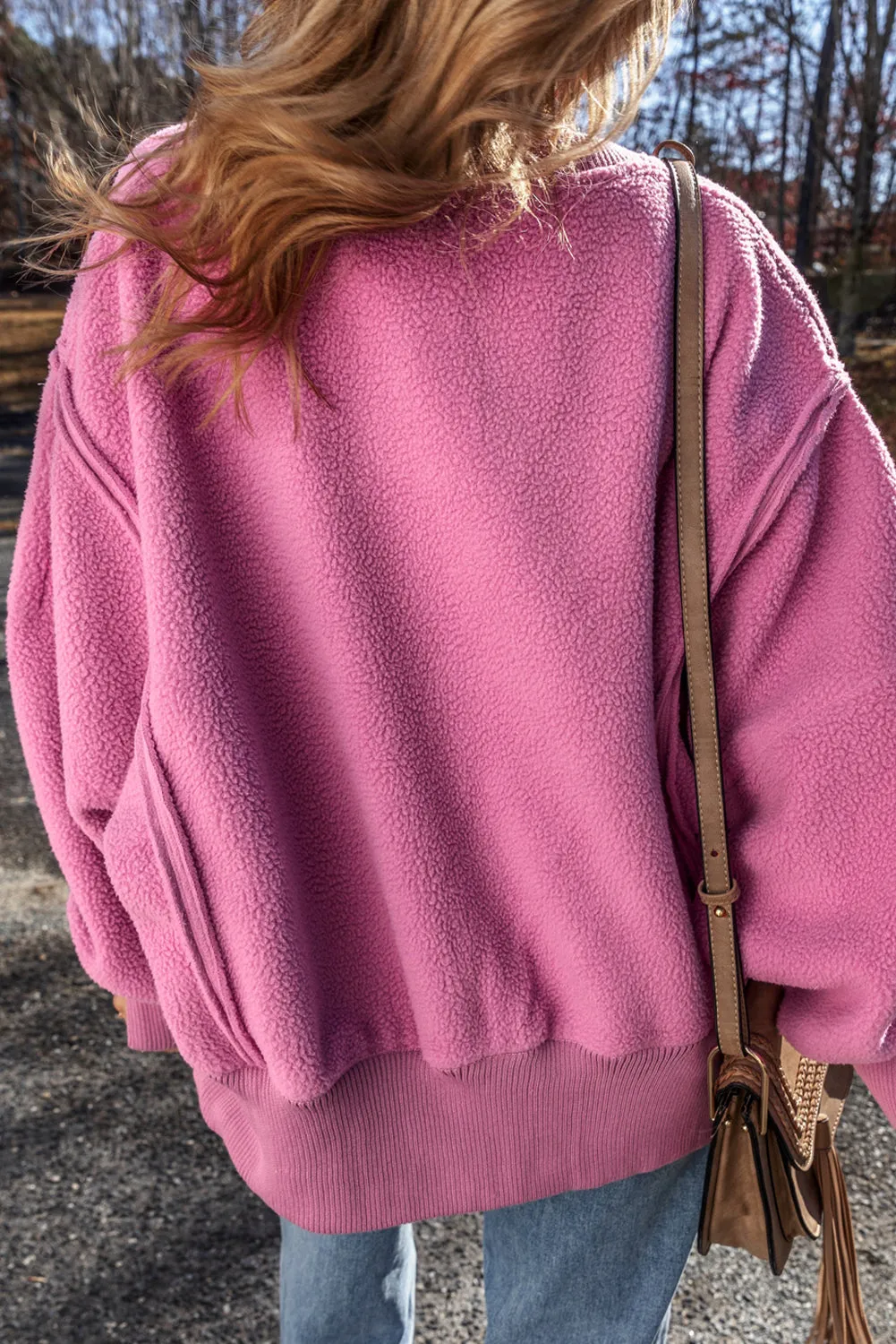 Bright Pink Sherpa Seamed Drop Shoulder Oversized Sweatshirt sold by Beagle Boutique product image thumbnail 2