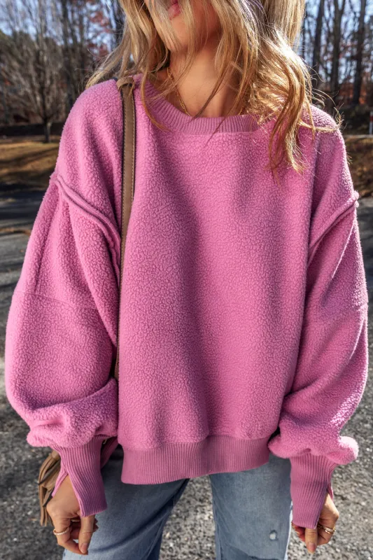 Bright Pink Sherpa Seamed Drop Shoulder Oversized Sweatshirt sold by Beagle Boutique