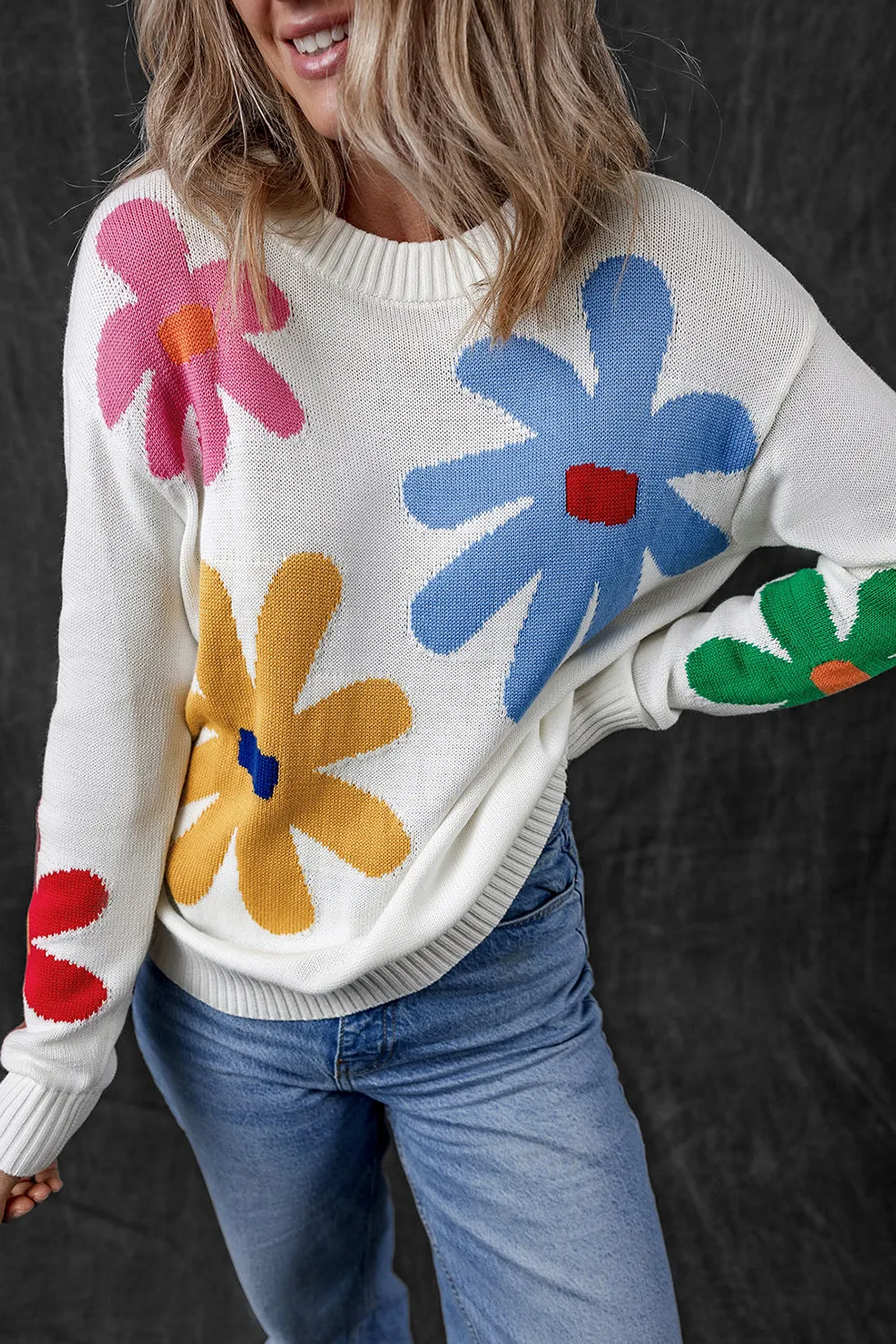 White Colourful Big Flower Pattern Crewneck Sweater sold by Beagle Boutique product image thumbnail 3
