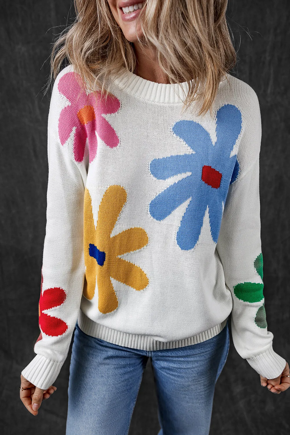 White Colourful Big Flower Pattern Crewneck Sweater sold by Beagle Boutique