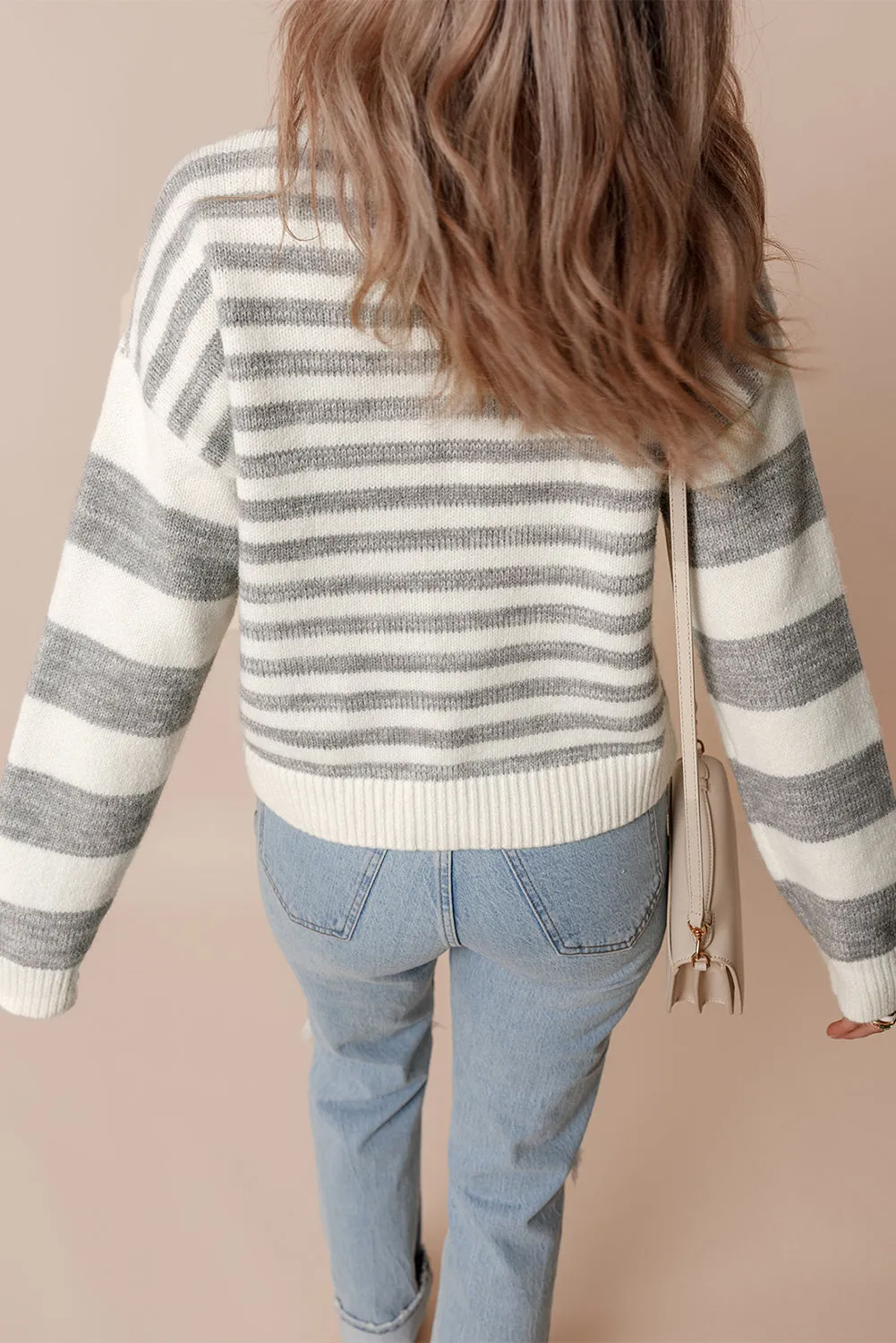Grey Stripe Drop Shoulder Crew Neck Sweater sold by Beagle Boutique product image thumbnail 2