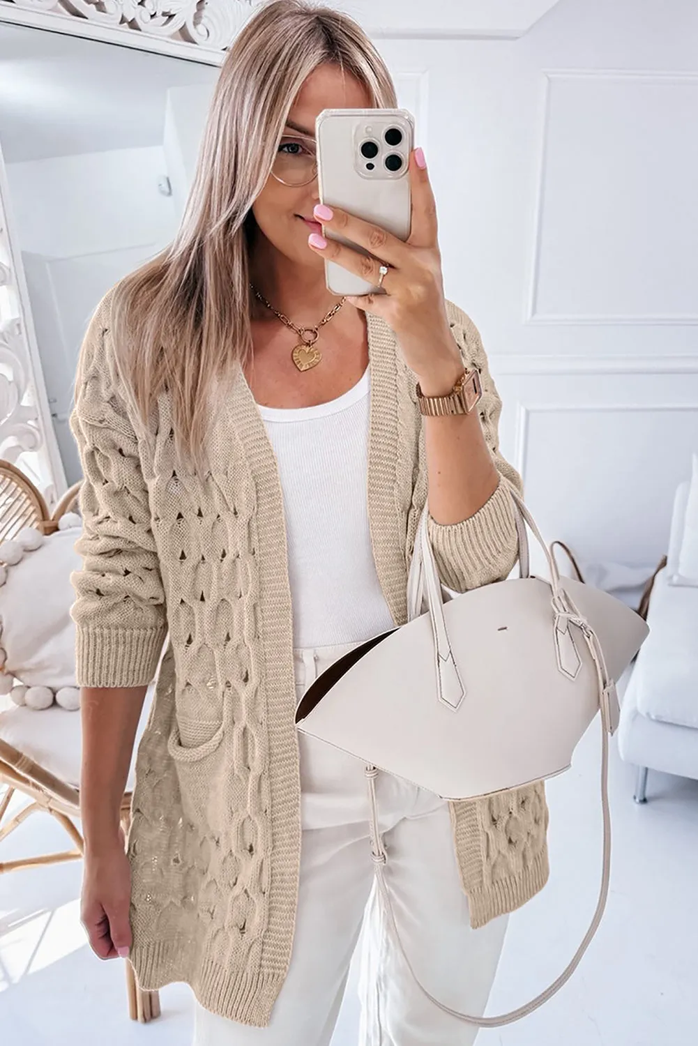 Jet Stream Cable Knit Eyelet Side Pockets Baggy Cardigan sold by Beagle Boutique product image thumbnail 4