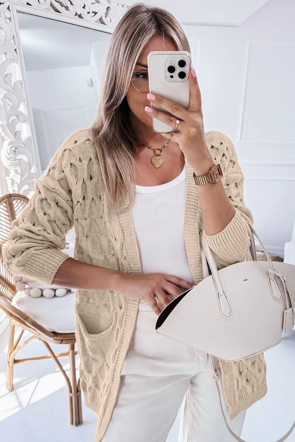 Jet Stream Cable Knit Eyelet Side Pockets Baggy Cardigan sold by Beagle Boutique product image thumbnail 3