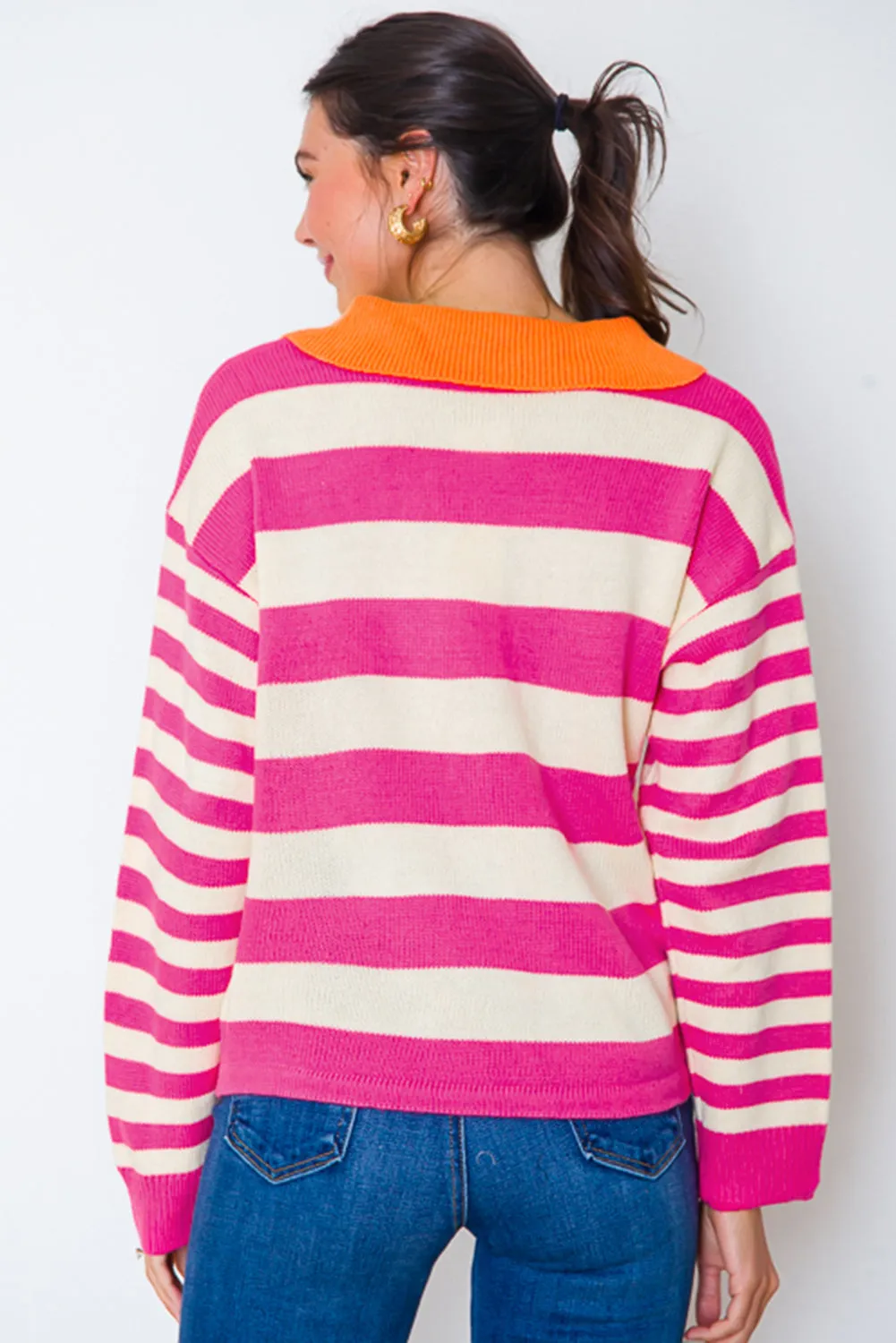 Rose Stripe Colour Block Collared V Neck Drop Shoulder Sweater sold by Beagle Boutique product image thumbnail 2
