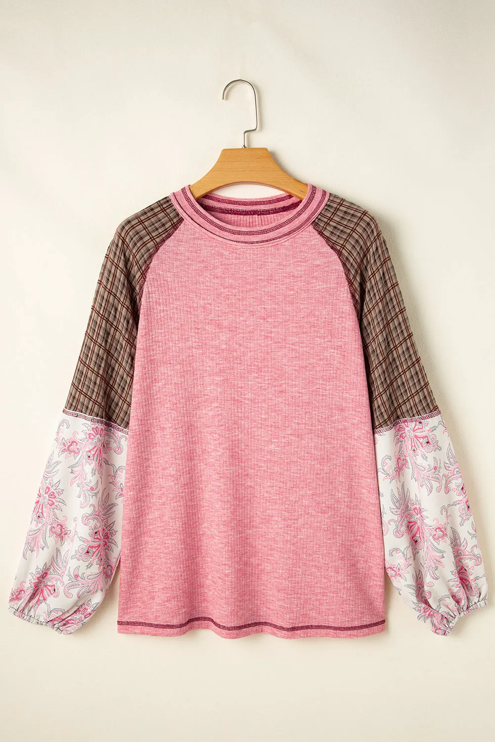 Fushia Mixed Print Patchwork Raglan Ribbed Knit Top sold by Beagle Boutique product image thumbnail 2