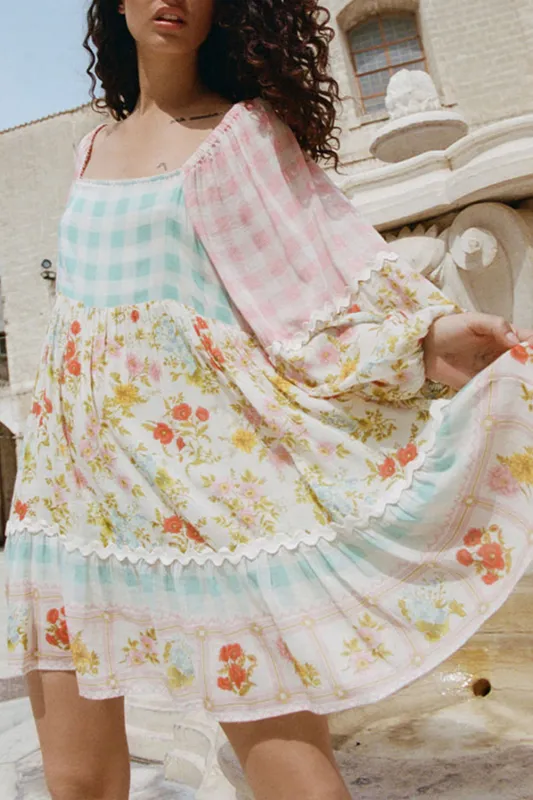 Pink Ric Rac Plaid Floral Print Patchwork Bubble Sleeve Dress sold by Beagle Boutique