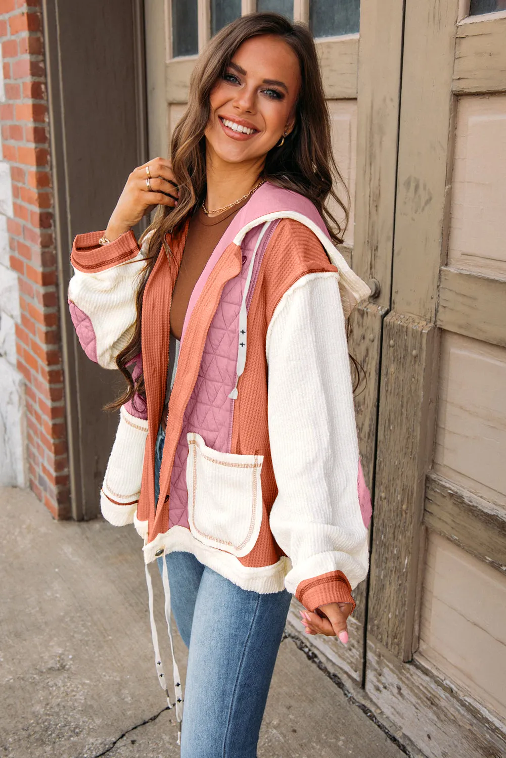 Coral Quilted Textured Patchwork Loose Fit Hooded Jacket sold by Beagle Boutique product image thumbnail 3
