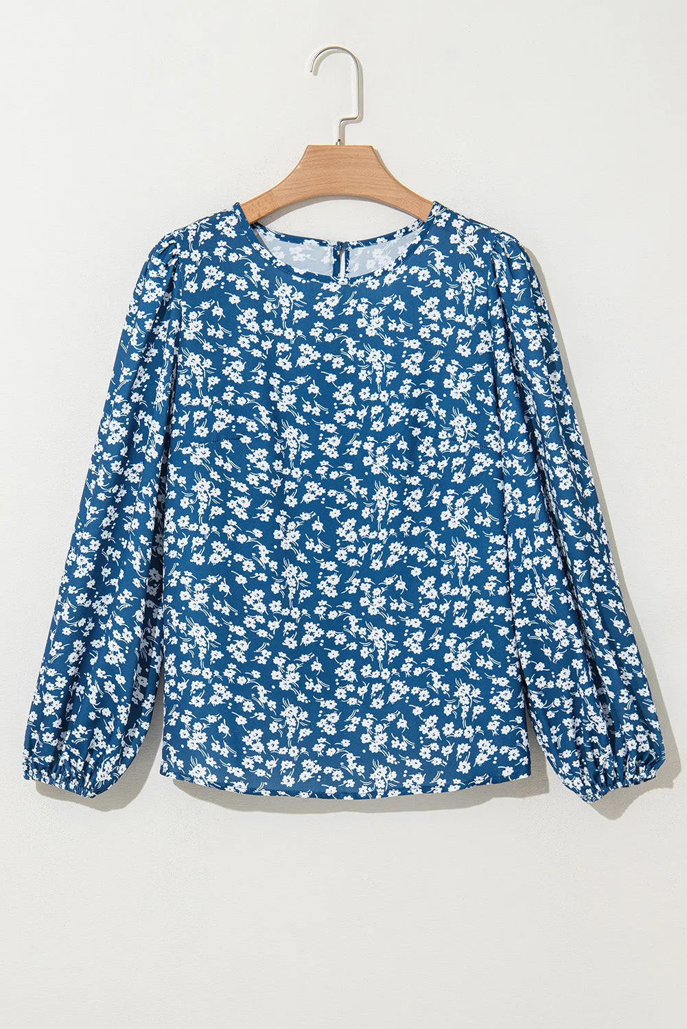 Blue Ditsy Floral Print Lantern Sleeve Blouse sold by Beagle Boutique product image thumbnail 4