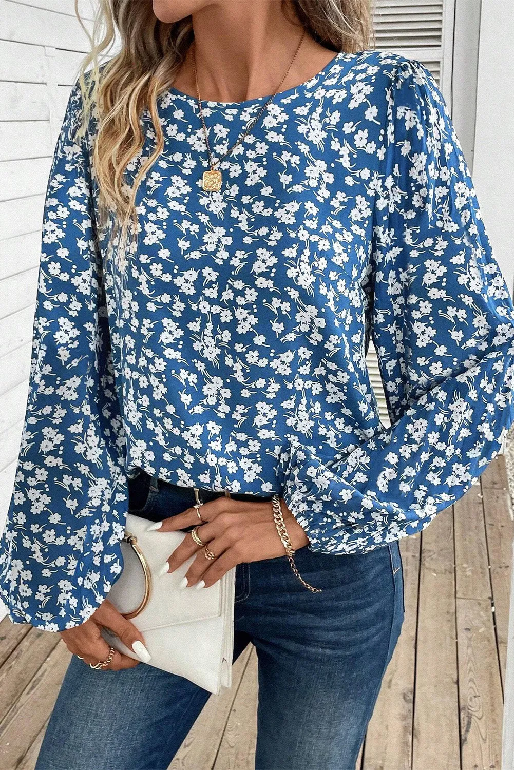 Blue Ditsy Floral Print Lantern Sleeve Blouse sold by Beagle Boutique product image thumbnail 3