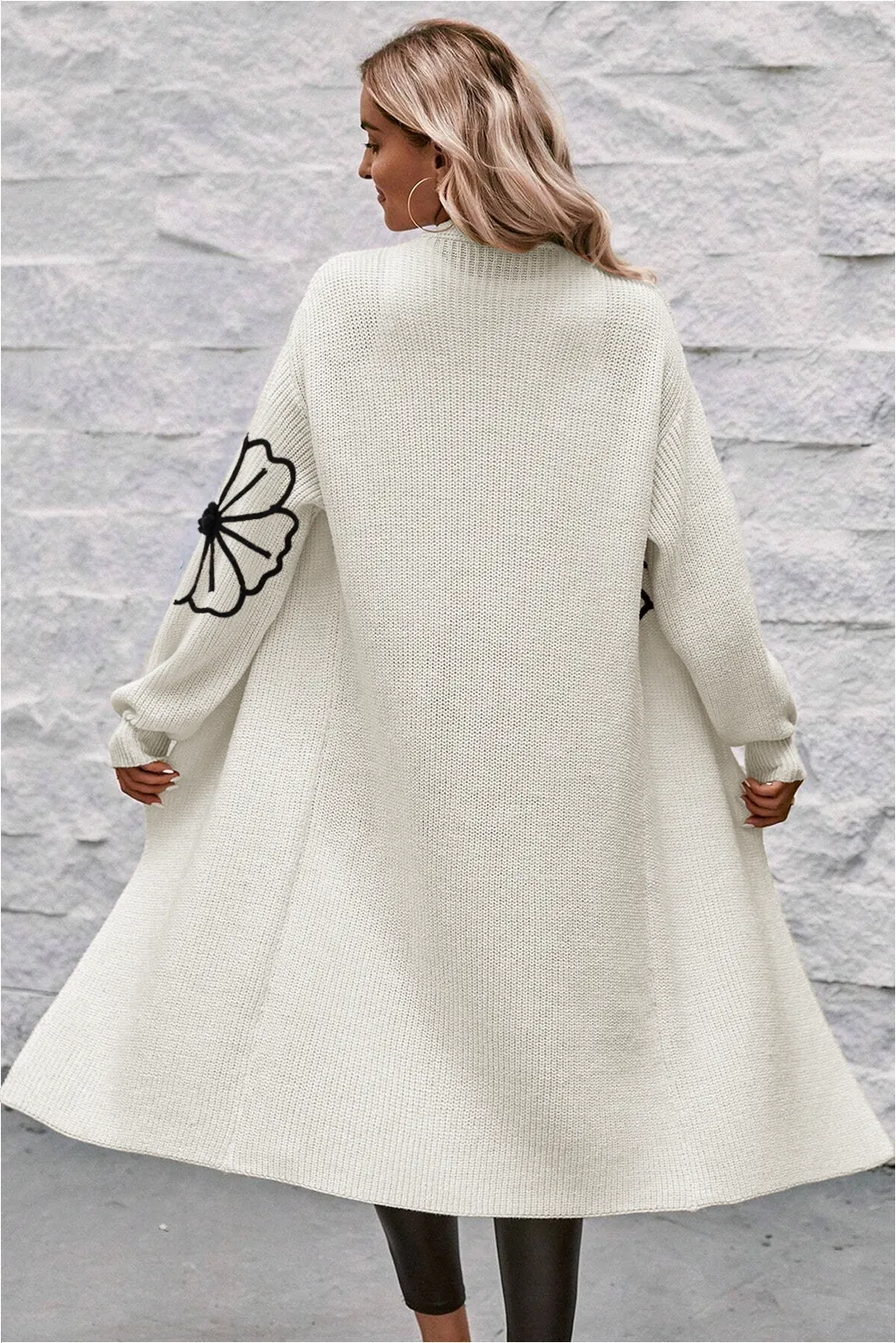 Beige Flower Embroidered Drop Shoulder Open Front Duster Cardigan sold by Beagle Boutique product image thumbnail 2