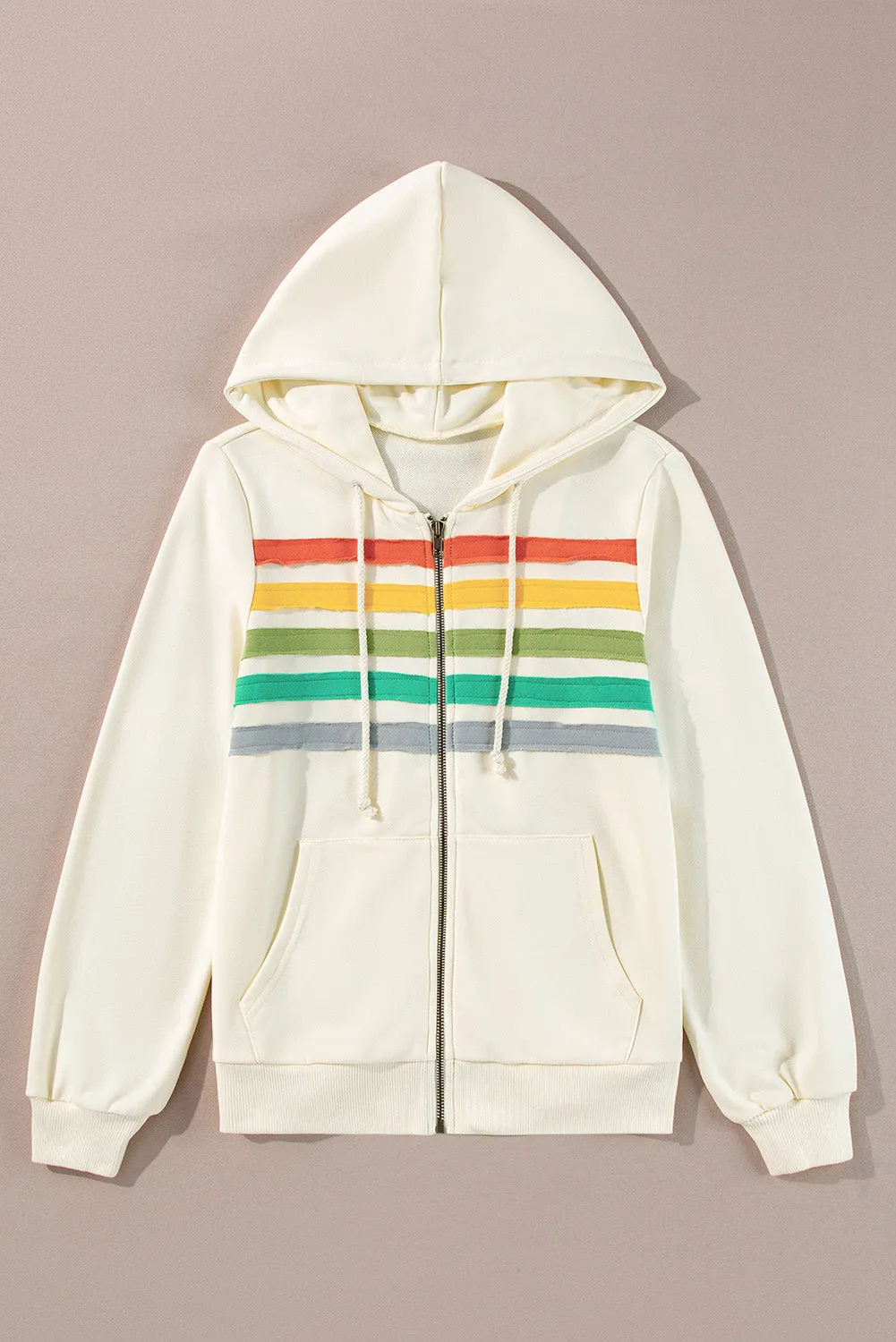 Apricot Colourblock Striped Patchwork Side Pockets Zipper Hoodie sold by Beagle Boutique product image thumbnail 4