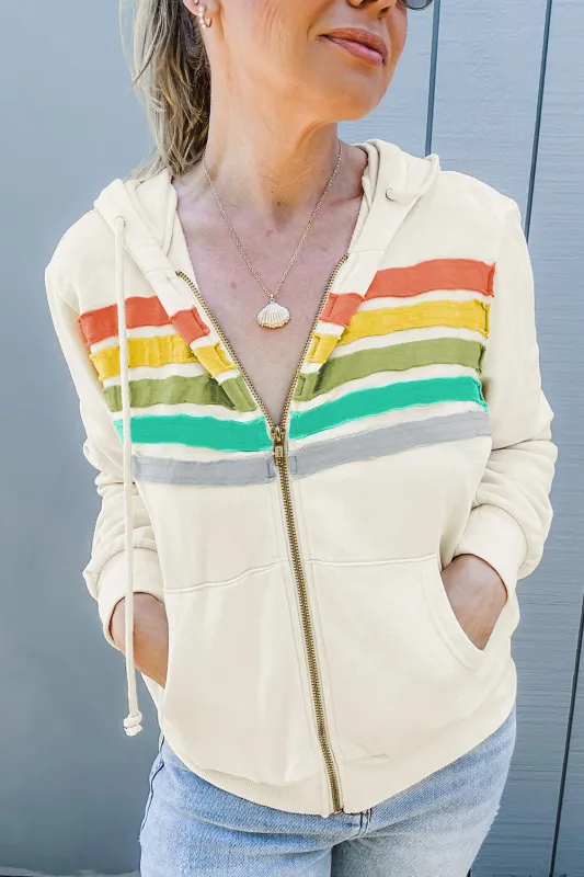 Apricot Colourblock Striped Patchwork Side Pockets Zipper Hoodie sold by Beagle Boutique