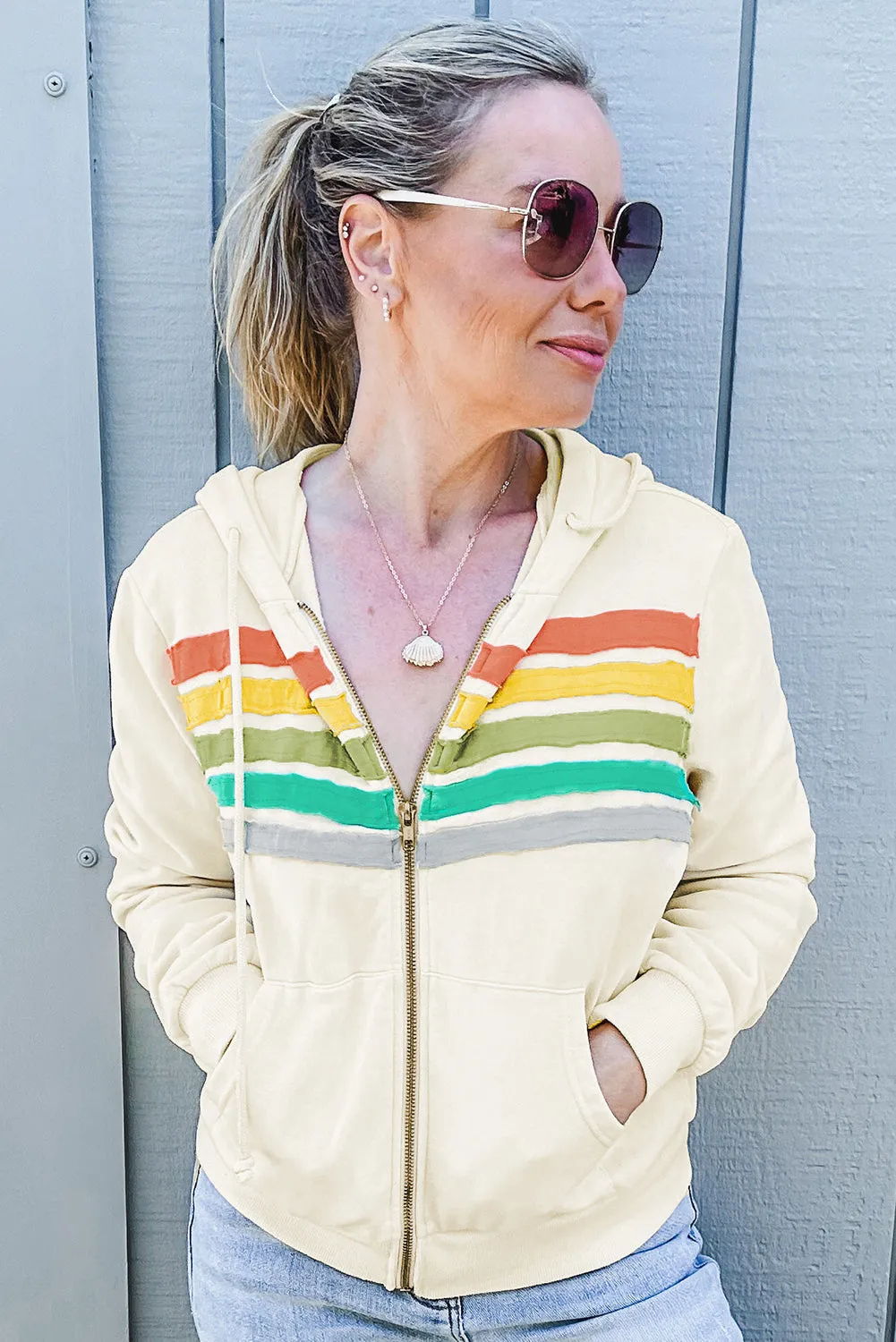 Apricot Colourblock Striped Patchwork Side Pockets Zipper Hoodie sold by Beagle Boutique product image thumbnail 3