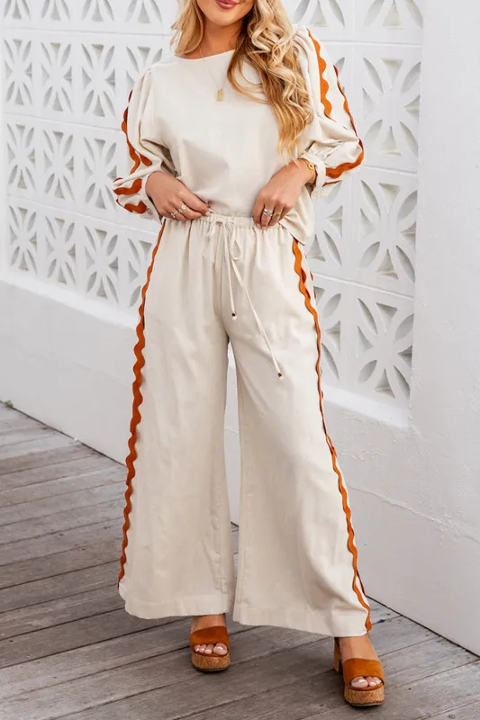 White Colourblock Ric Rac Trim Sleeve Top and Wide Leg Pants Set sold by Beagle Boutique