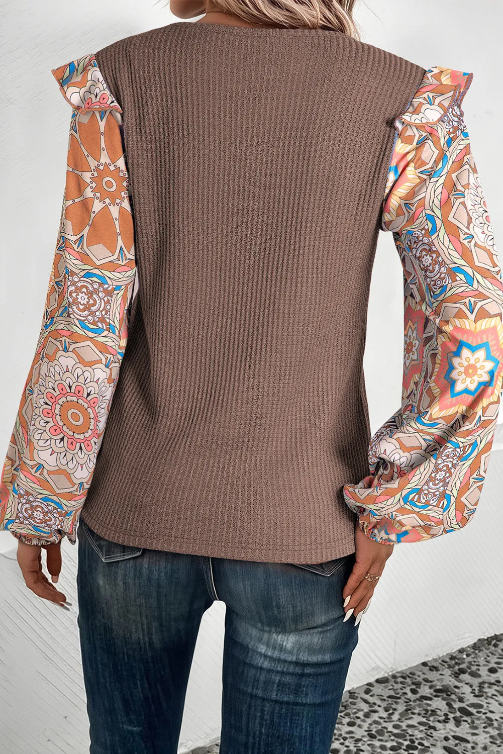 Coffee Ruffled Floral Sleeve Patchwork Waffle Knit O Neck Blouse sold by Beagle Boutique product image thumbnail 2