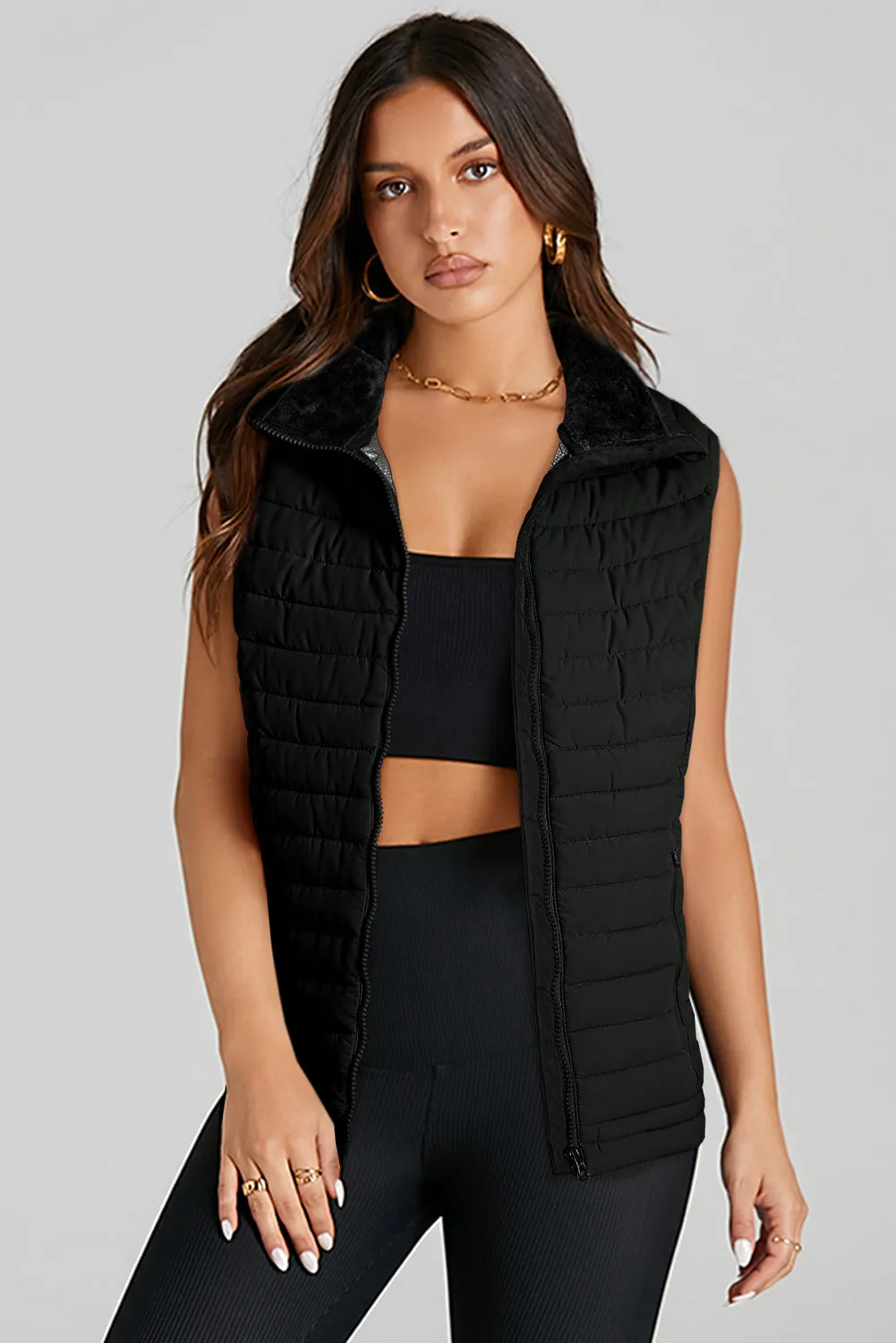 Black Plush Collared Quilted Puffer Vest sold by Beagle Boutique product image thumbnail 3